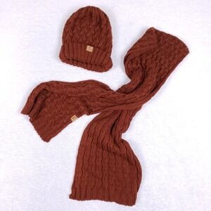 Page One Beanie Scarf Set OS Cable Knit Rust Brown Winter Warm Fleece Lined